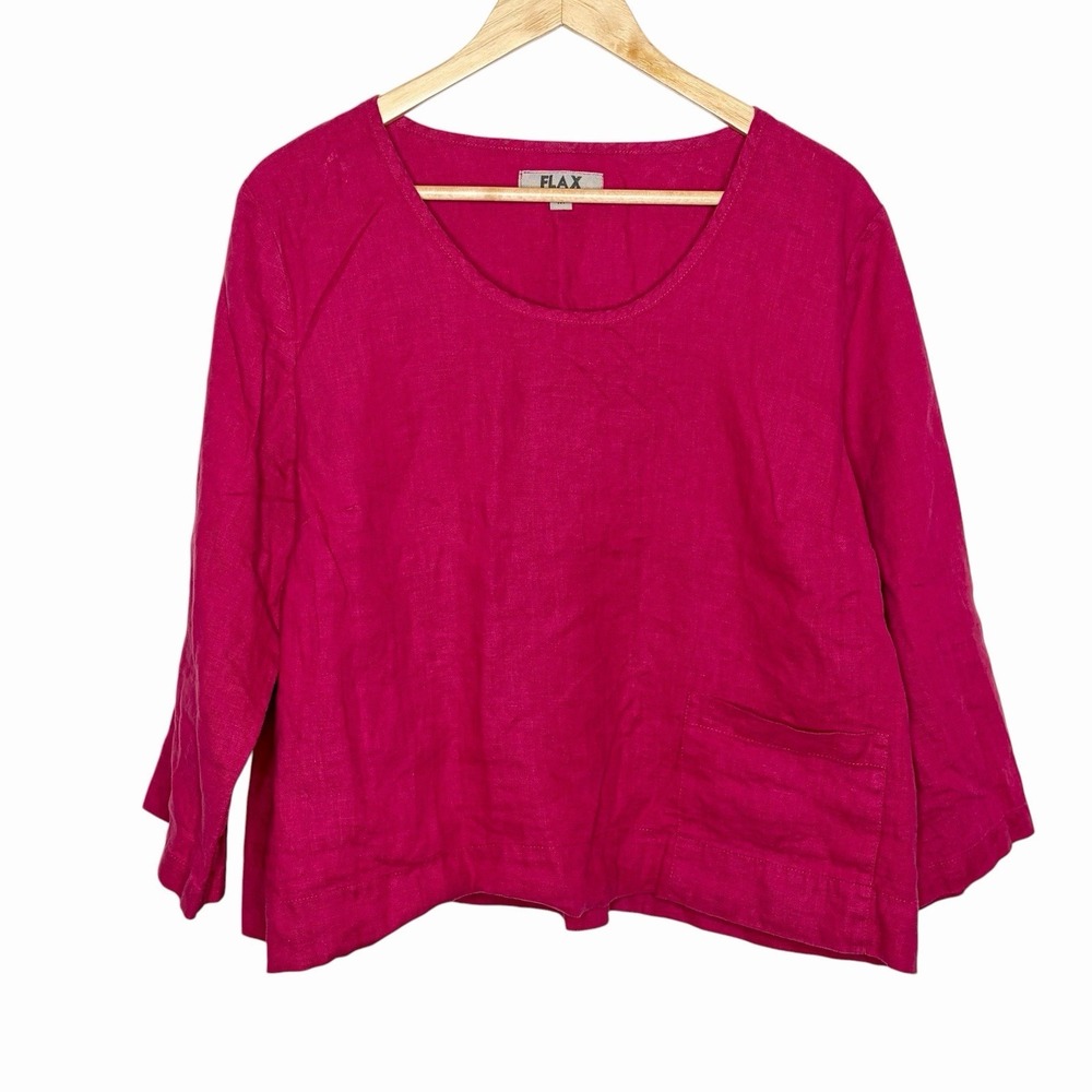 Flax Linen Boxy Top Pink Womens Size M Lagenlook Scandi Resort Travel 3/4 Sleeve